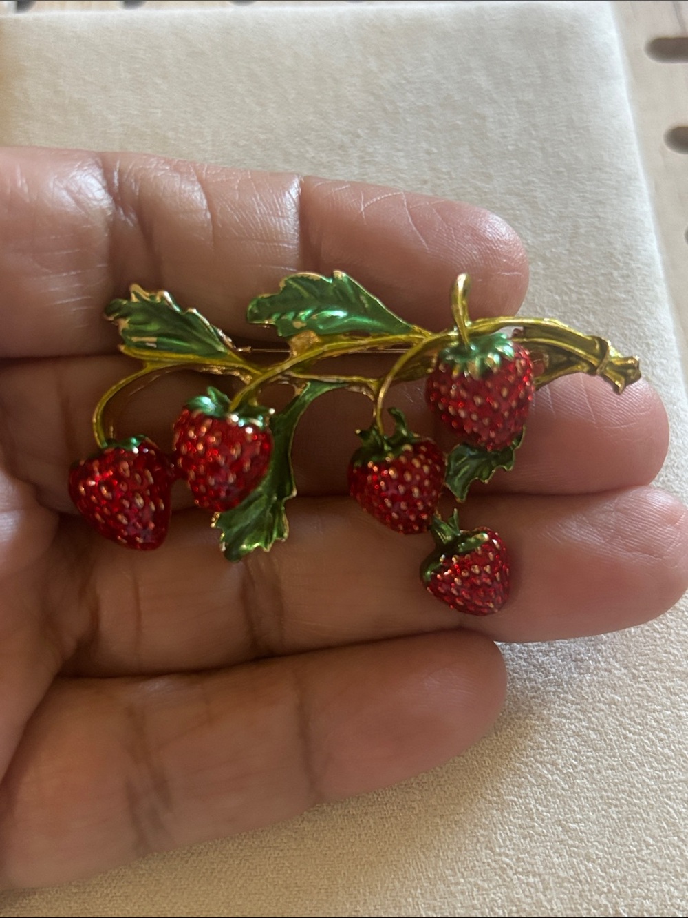 Strawberry Branch Enamel Brooch - Red & Green